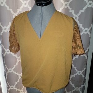 KAii Mustard Lace V Neck Blouse Top